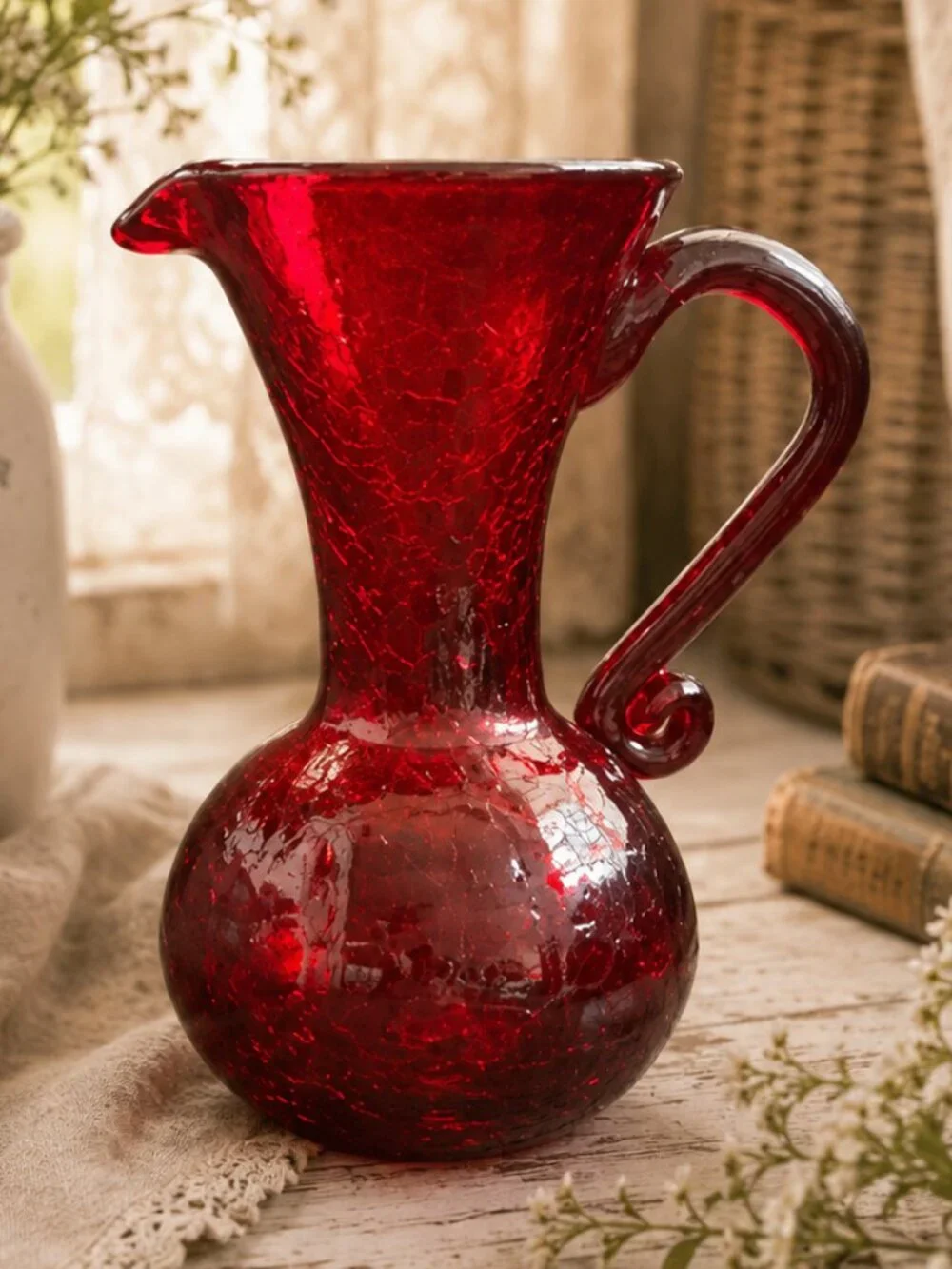 Vintage Mid-Century American Hand-Blown Ruby Red Crackle Glass Pitcher Bud Vase